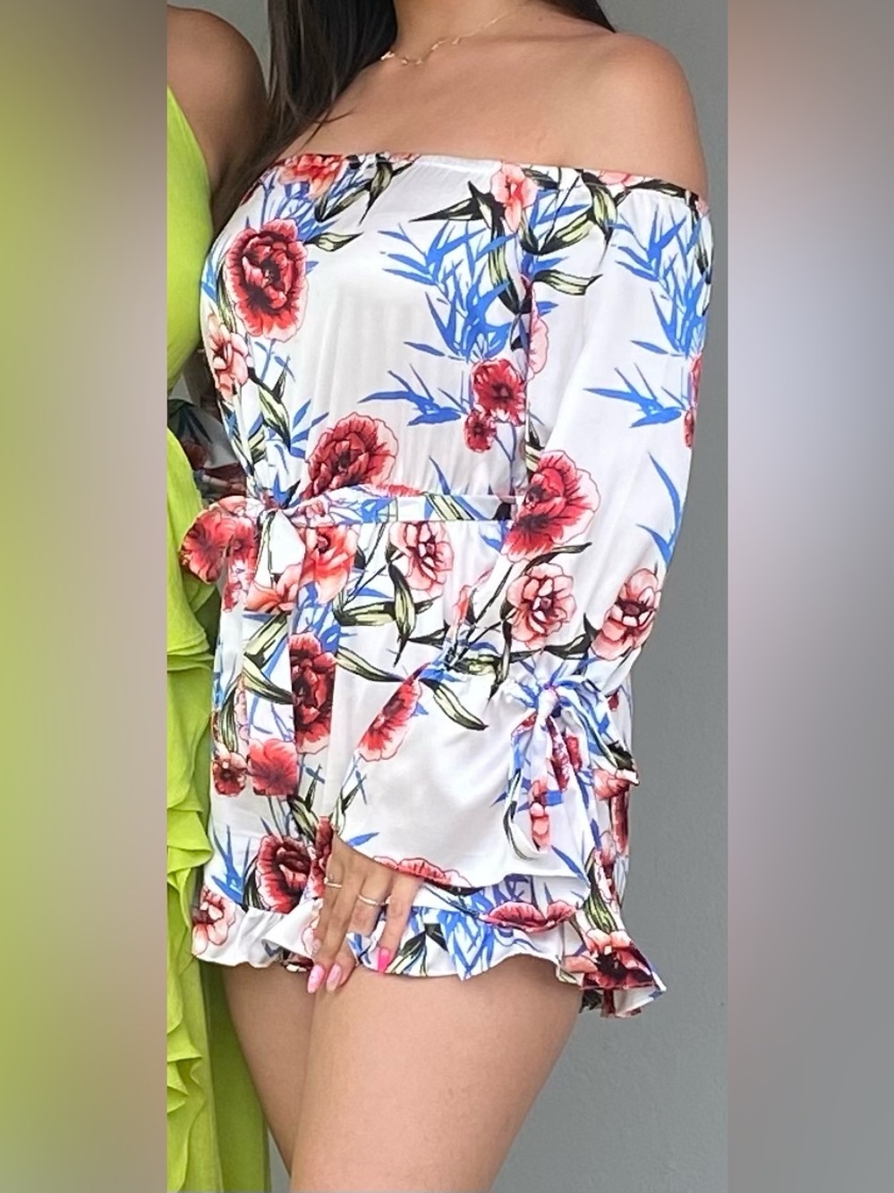 Floral Off The Shoulder Long Sleeve Romper with Belt - Size S